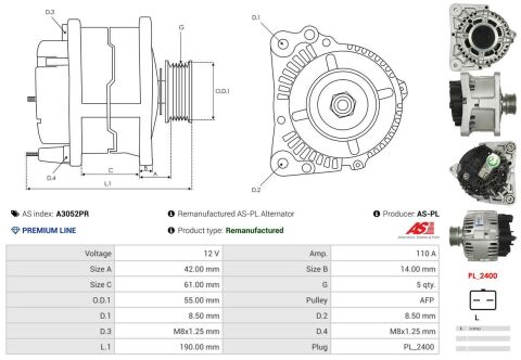 Генератор 1.4+1.6+1.6 16V + 1.5 dCi + 1.9 dCi (110A, 12V, 5 струмків) (VALEO) Renault Kangoo