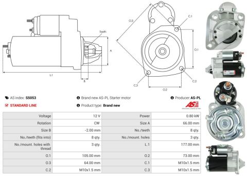 Стартер 1.6 (0.8кВт 8z) Renault Kangoo II 08- / Renault Logan I / Renault Sandero I / Renault Duster I