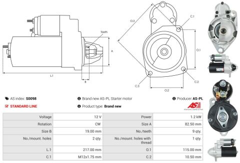 Стартер Chevrolet Lacetti 1.8 05-/Opel Astra G/H 2.0 98-10 (1.2kw) (z=9)
