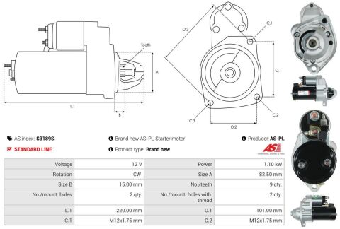 Стартер VW Passat 1.6-2.0 96-05 (12V/1.1 кВт) (z=9)