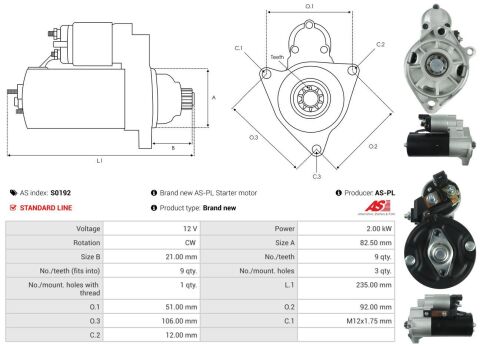 Стартер VW LT 2.5D 99-06/Touareg 3.0 V6 TDI (2kw) (z=9)