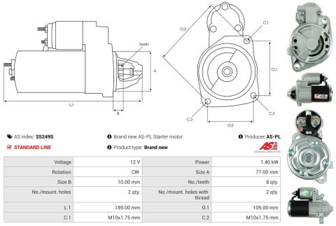 Стартер Mitsubishi Lancer VII 2.0 03-13/Outlander I 2.0/2.4 4WD 03-07 (12V/1.4kw) (z=8)