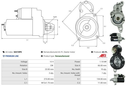 Стартер Audi A4/A5/A6 1.8/2.0TFSI 07-18 (12V/1.1kw) (z=10) (PREMIUM LINE)