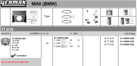 Поршень с кольцами и пальцем (размер отв. 77.01/std) (n13 b16 a/n18 b16 a/102/170/184/218 ps)