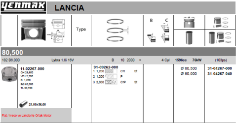 Поршень с кольцами і пальцем (размер отв. 80,90/ +0.40) fiat doblo 1.6 (4 цл.) (182 b6.000 benzin 103 ps)