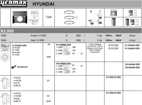 Поршень с кольцами і пальцем (размер отв. 83,00 /std) hyundai santa fe 2.0crdi, accent 1.5 -06 (3цл./4цл.) (d3ea)