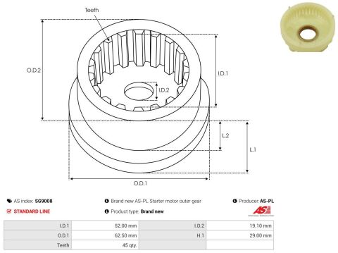 Шестерня планетарна стартера Ford Focus 1.8/2.0 04- (z=45) (d=52x19.1mm)