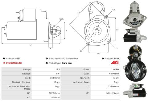 Стартер Peugeot Bipper 1.3 HDi 10-/Fiat Doblo 1.3 D 10- (12V/1.4kw) (z=10)