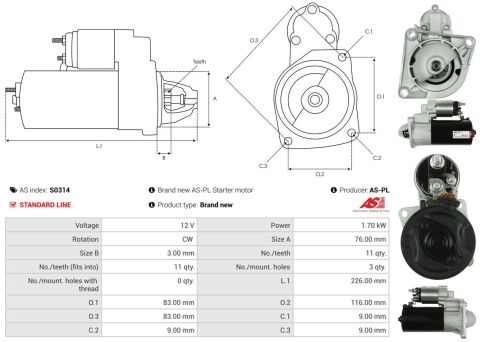 Стартер Fiat Doblo 1.6 D 10-/MB Eclass (A207) 3.5 (M276) 11- (12V/1.7kw) (z=11)
