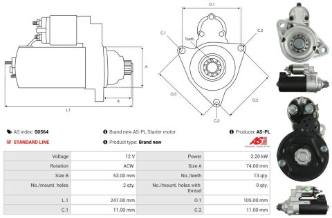 Стартер MB A class (W176) 12-18/B-class (W246/W242) 11-18 (2.2 kw) (z=13)