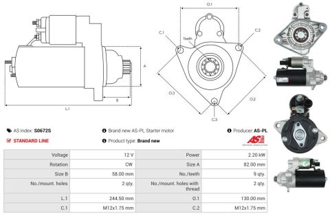 Стартер VW Touareg 2.5 TDI 03-10/Touran 1.6/1.9-2.0 TDI 03-10 (2.2kw) (z=9)