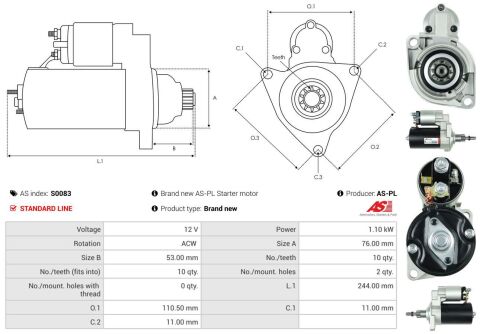 Стартер VW Golf II 1.8 GTi 88-91/Passat (B3/B4) 1.8-2.0 88-96 (12V/1.1 kw) (z=10)