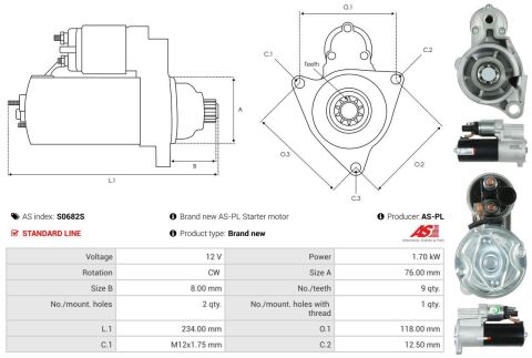 Стартер VW Touareg 3.6 V6 FSI 05-10/Touran 2.0 TDI 10-15 (12V/1.7kw) (z=9)