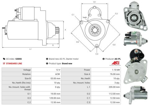Стартер Seat Ibiza/Skoda Octavia/Superb/Yeti/VW Passat/T5 1.4/1.8/2.0i 03-15 (1.1kw) (z=10)