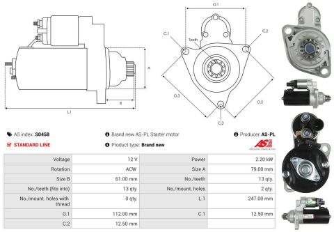 Стартер VW Caddy III/IV 12-20/Passat B7 2.0 TDI 10-13 (12V/2kw) (z=13)