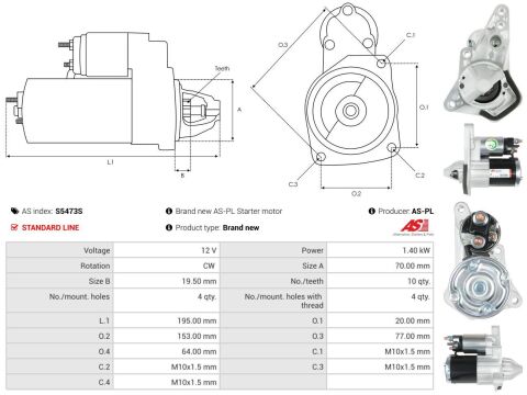 Стартер Dacia Dokker/Duster/Renault Megane 1.6 SCe 15- (12V/1.4kw) (z=10)