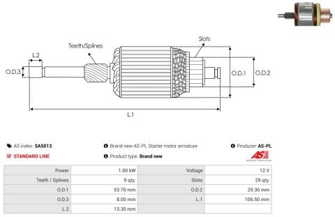 Якір стартера (12V) Kia Sorento 2.4 02-09/Hyundai Santa Fe 2.0-2.7 01-06