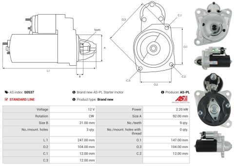 Стартер Sprinter (W904) 2.9 TDI (OM602) 96-06/Land Rover Discovery 2.5 TDI 89-04 (12V/2.2kw) (z=9)