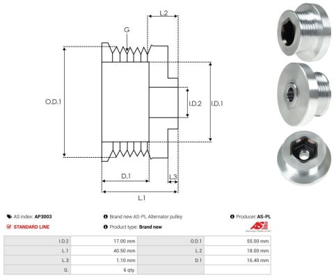 Шкив генератора Renault Kangoo 1.5 dCi/1.4/1.6i/MB Citan 1.5CDI, 6PK