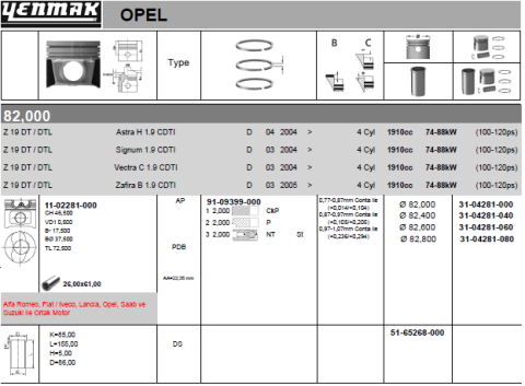 Поршень с кольцами і пальцем (размер отв. 82.4 / +0.4) opel vectra c 1.9cdti (4цл.) (ar 37101, 939 a1.000, m 724 mt 19.z, m 724 rt 19)