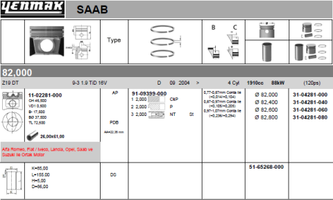 Поршень с кольцами і пальцем (размер отв. 82.4 / +0.4) opel vectra c 1.9cdti (4цл.) (ar 37101, 939 a1.000, m 724 mt 19.z, m 724 rt 19)