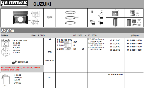 Поршень с кольцами і пальцем (размер отв. 82.4 / +0.4) opel vectra c 1.9cdti (4цл.) (ar 37101, 939 a1.000, m 724 mt 19.z, m 724 rt 19)
