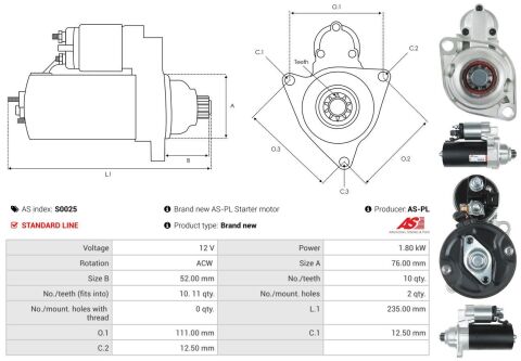 Стартер VW Caddy II/Golf IV/Passat 1.9TDI 93-05 (12V/1.8kw) (z=10/11)