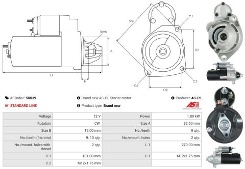 Стартер VW Passat/Audi A4/A6 1.9 TDi 96-05/Skoda Superb 1.9 TDi 01-08 (12V/1.8kw) (z=9)