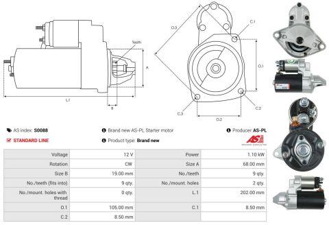 Стартер Opel Astra F/G/H 1.2-1.6 i 93-07/Combo 01-/Corsa 86-09 (12V/1.1kw) (z=9)