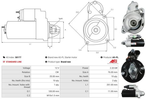 Стартер Audi A4/A6/A8 2.7-3.0 TDI 04- (12V/2.2kw) (z=10) Стартер Audi A4/A6/A8 2.7-3.0 TDI 04- (12V/2.2kw) (z=10)