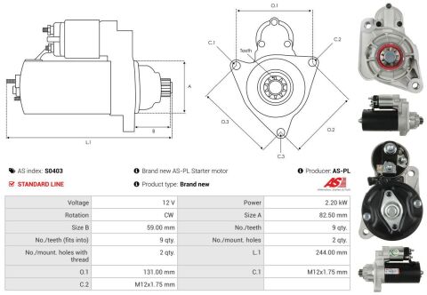 Стартер VW Touareg 2.5 R5 TDI 03-10 (2.2kw) (z=9) Стартер VW Touareg 2.5 R5 TDI 03-10 (2.2kw) (z=9)
