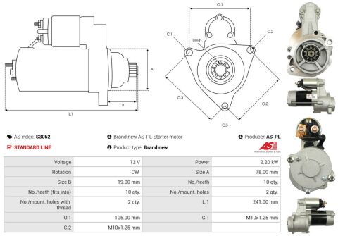 Стартер Hyundai H-1/Kia Sorento 2.5 CRDi 02-11 (12V/2.2kw) (z=10)