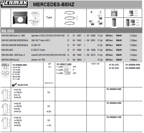Поршень с кольцами і пальцем (размер отв. 89.5 / +0.5) (OM 602DE 29LA.980/982/983/984)
