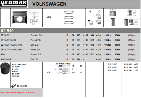 Поршень с кольцами і пальцем (размер отв. 82.51 / STD) VW, AUDI 80/100/A6 2.0 (AAD)