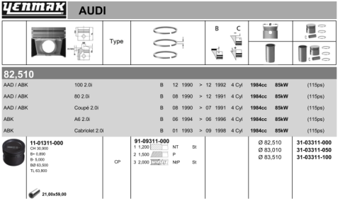 Поршень с кольцами і пальцем (размер отв. 83.01/+0.50) VW, AUDI 80/100/A6 2.0 (AAD)