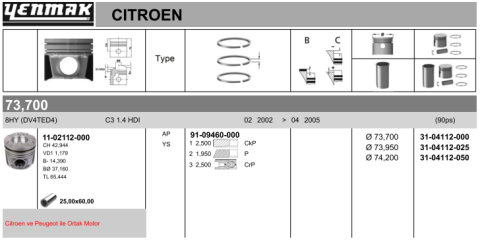Поршень с кольцами і пальцем (размер отв. 74.209 / +0.5) (8HY (DV4TED4) / 9HV (DV6ATED4),9HV (DV6TED4),9HX (…)