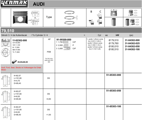 Поршень с кольцами і пальцем (размер отв. 79.76 / +0.25)VW CADDY 1.9TDI 3-й / 4-й циліндр !!!  (1Z)
