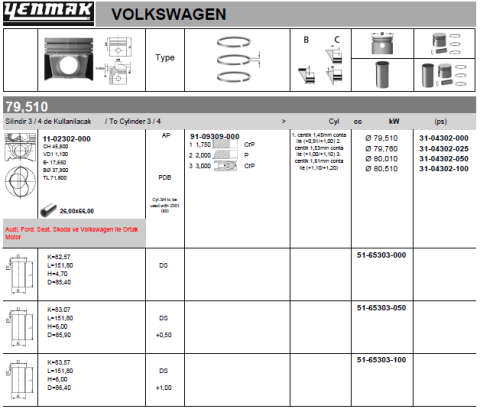 Поршень с кольцами і пальцем (размер отв. 79.76 / +0.25)VW CADDY 1.9TDI 3-й / 4-й циліндр !!!  (1Z)