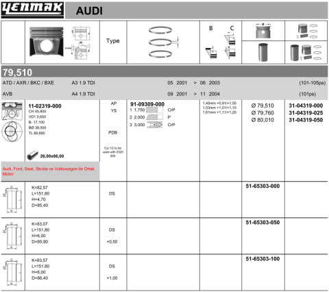 Поршень с кольцами і пальцем (размер отв. 79.76/+0.25) VW SKODA 1,9TDI 1-й / 2-й циліндр !!! (BJB,AVQ,ATD,AXR,AVB Поршень с кольцами і пальцем (размер отв. 79.76/+0.25) VW SKODA 1,9TDI 1-й / 2-й циліндр !!! (BJB,AVQ,ATD,AXR,AVB