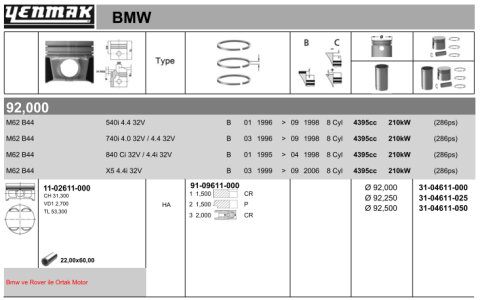 Поршень з кільцями і пальцем (размІр отв. 92 / STD)  BMW E39 540i, X5 E53 4.4 i (8ц) (M 62 B 44 LEV)