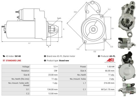 Стартер 12V 1.50kW