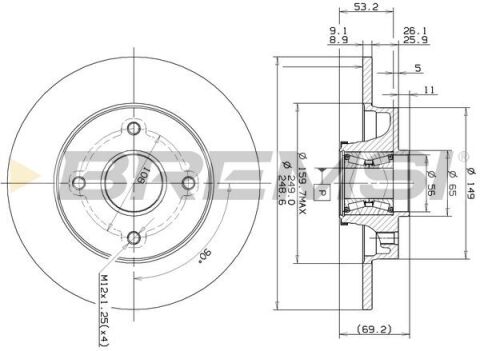 Гальмівний диск задній Citroen C4/Peugeot 207/307/308 00- (249x9) (з підшипником)