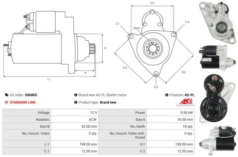 Стартер Audi A2 1.4-1.6/1.2-1.4 TDI 00-05/VW Golf 1.4-1.6 97-06 (0.9kw)z=10