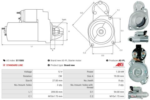 Стартер Hyundai Sonata 2.0-2.4 05-10 (12V/1.2kw) (z=8)