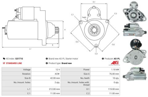 Стартер Audi A3 2.0 TFSI 08-13/VW Passat 2.0 TFSI 05-10 (12V/1.1kw) (z=10)