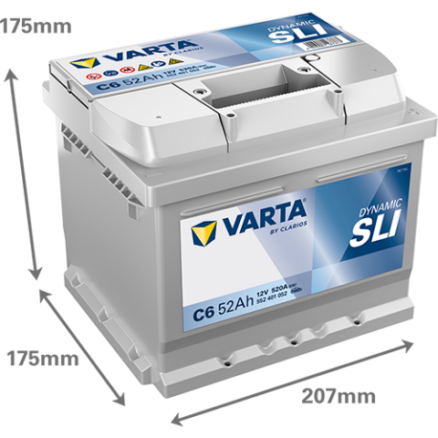 Аккумулятор VARTA 12 В 52Ач./520А (EN) Dynamic SLI (R+) 207x175x175 B13 - монтажный фланец 10.5мм (пусковой)