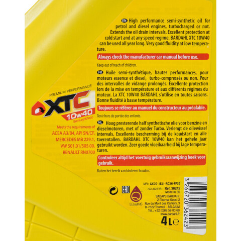 Моторное масло BARDAHL XTC 10W-40, 4 литра