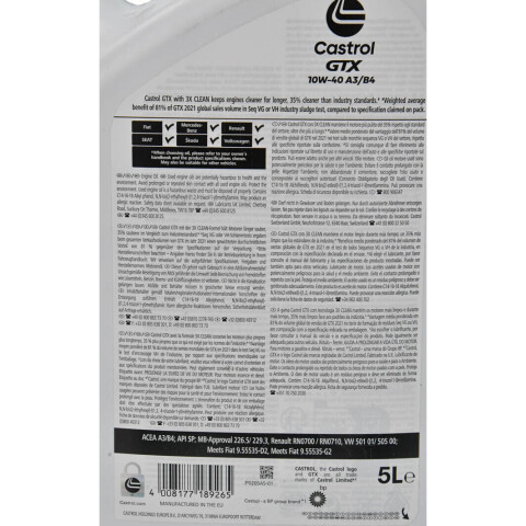 Моторное масло CASTROL GTX 10W-40 A3/B4, 5 литров