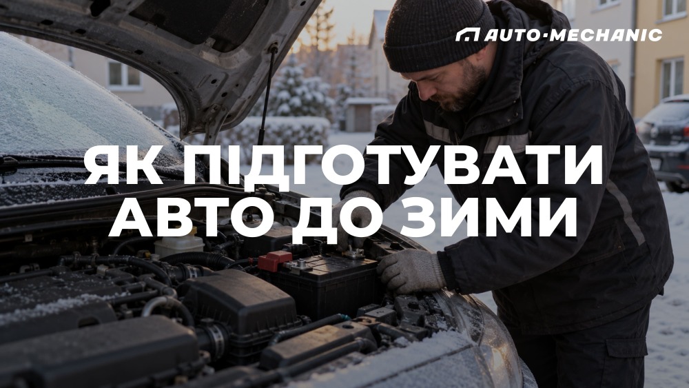 Майстер перевіряє акумулятор авто з відкритим капотом на зимовому подвір'ї