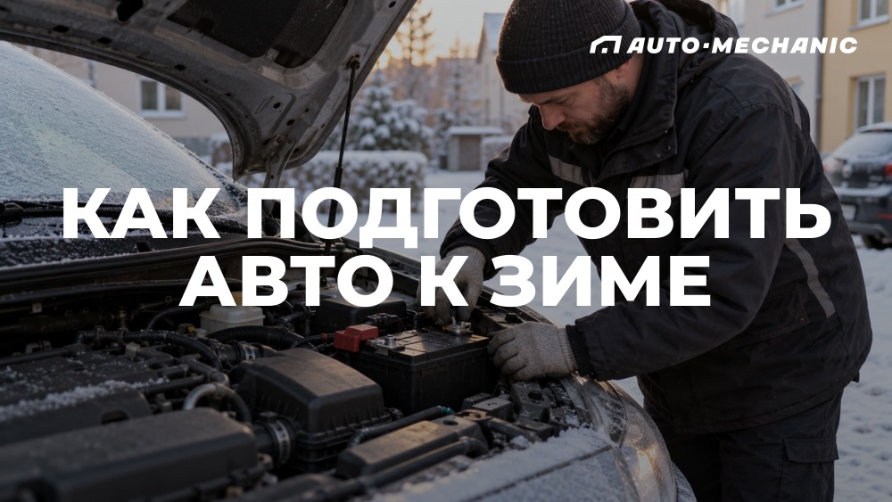 Мастер проверяет аккумулятор автомобиля с открытым капотом зимой во дворе